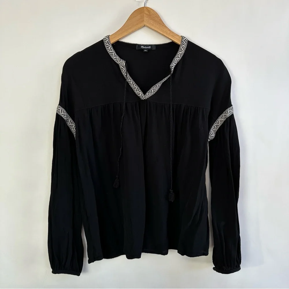 Madewell Black White Embroidered V-neck Long Sleeve Tassel Lightweight Blouse - Picture 4 of 8